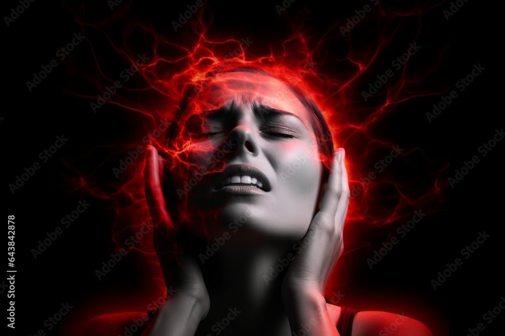 Generative AI : woman with headache on white background isolated on white background monochrome photo with red as a symbol for the hardening