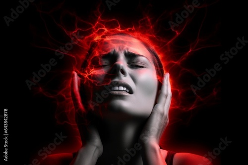 Generative AI : woman with headache on white background isolated on white background monochrome photo with red as a symbol for the hardening © AI Images