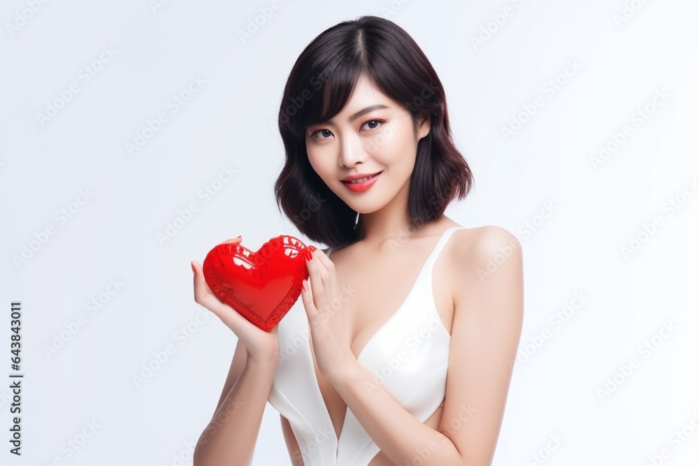 Generative AI : face of a beautiful young woman with red heart symbol of love Generative AI : face of a beautiful young woman with red heart symbol of love