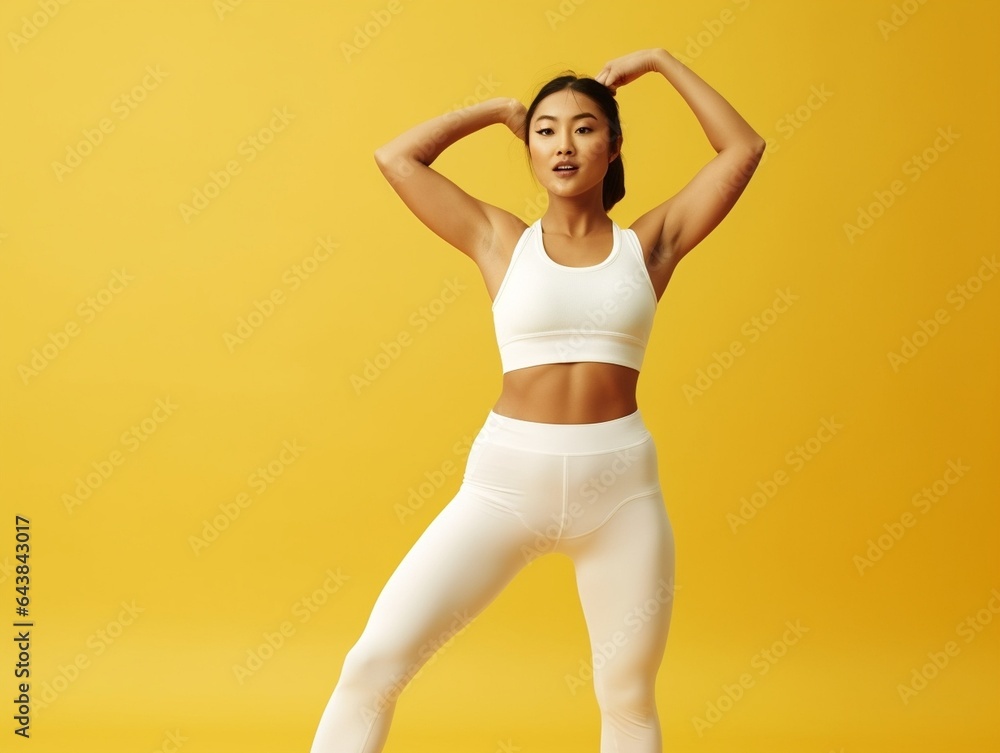 Generative AI : Cheerful young slim female in sportswear doing stretching exercises for arms and shoulders during fitness workout
