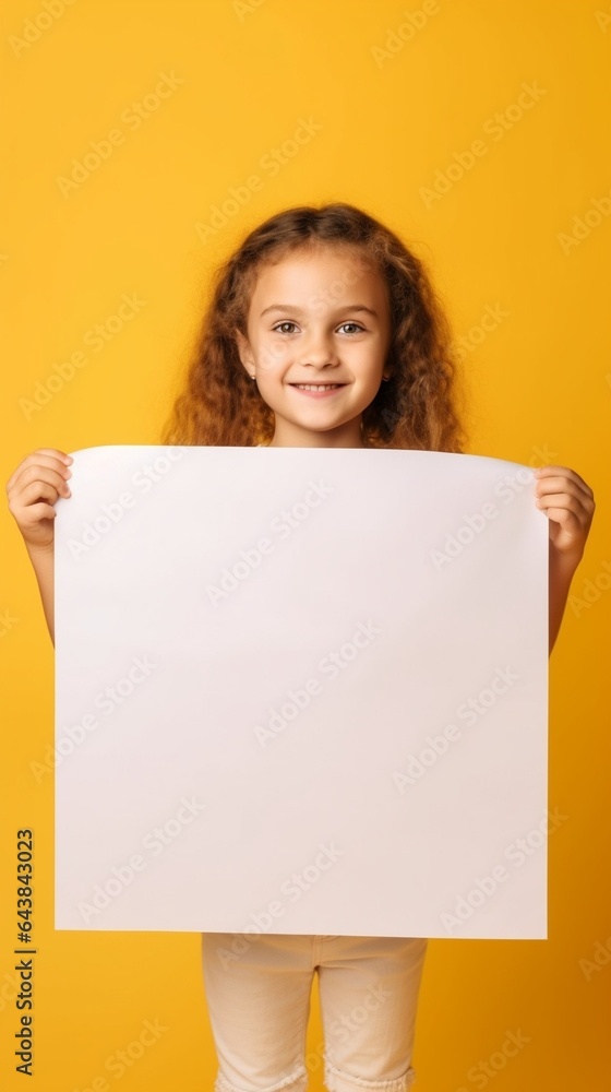 Generative AI : concept child girl with white blank poster banner isolated Generative AI : concept child girl with white blank poster banner isolated
