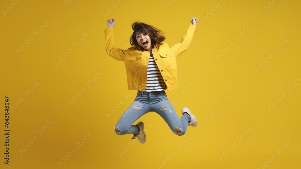 Generative AI : concept happy emotional young woman in red jumping and laughing on yellow background