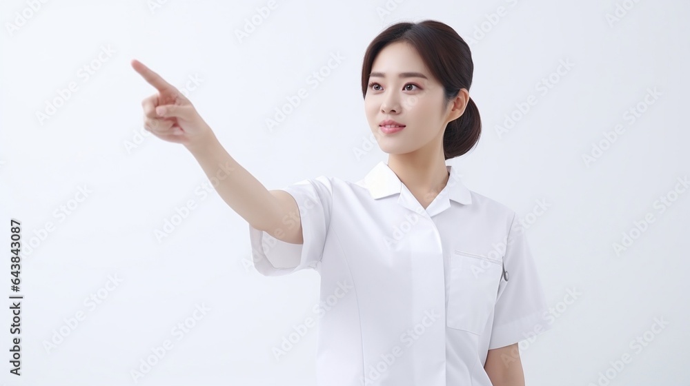 Generative AI : friendly woman doctor nurse in uniform smiles and pointing at blank space against a white background Generative AI : friendly woman doctor nurse in uniform smiles and pointing at blank space against a white background