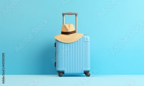 Generative AI : Full body guy in protective mask standing near suitcase and looking at camera while going on vacation during epidemic against blue backdrop