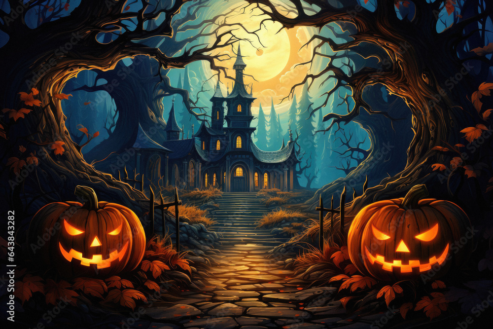 Halloween spooky background, scary jack o lantern pumpkins in creepy dark forest with bats, spooky trees and moon, Happy Haloween ghosts horror gothic mysterious night moonlight backdrop.