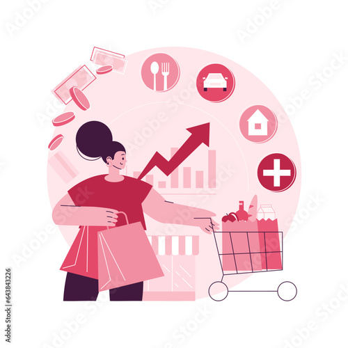 Consumption expenditure abstract concept vector illustration. Consumer spending, household budget, shopping mall, credit card, retail store, shopaholic, compulsive purchase abstract metaphor.