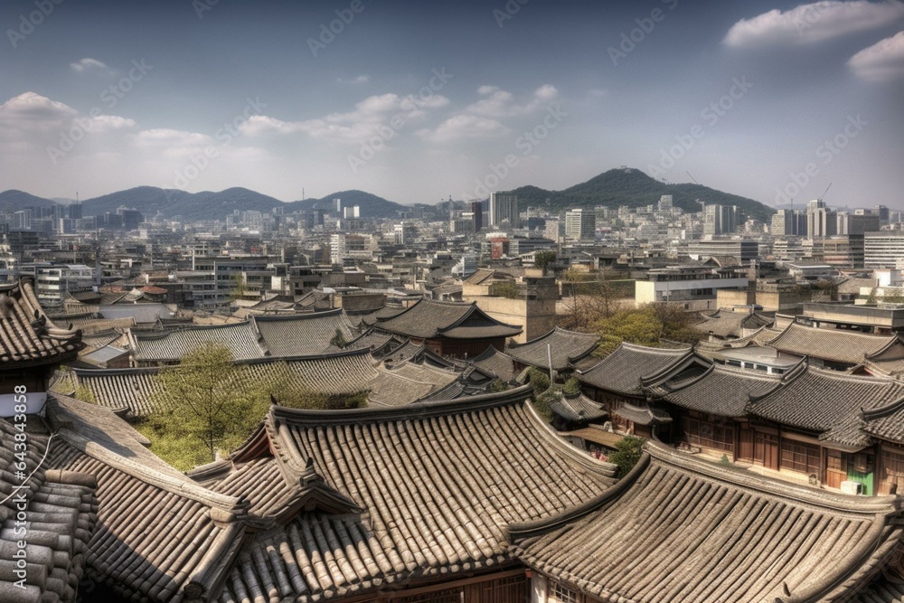 Bukchon hanok village in South Korea surrounded by Seoul's towering skyline. Generative AI