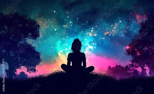 Woman meditating, generative ai image of female finding balance and releasing stress. © inspiretta