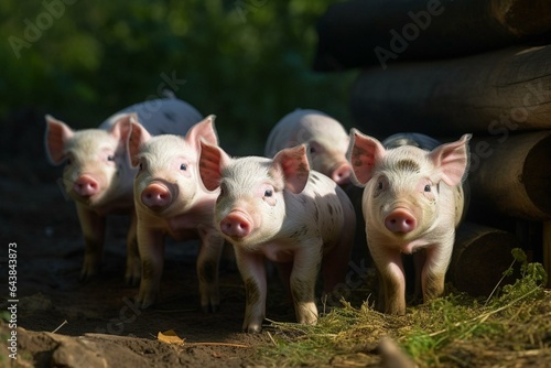 Four young pigs gathered in a farmyard. Generative AI