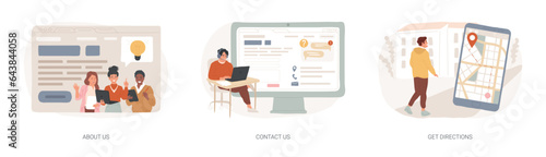 Company information isolated concept vector illustration set. About us, contact us, get directions, website menu, starting web page, business profile, office information, navigation vector concept.