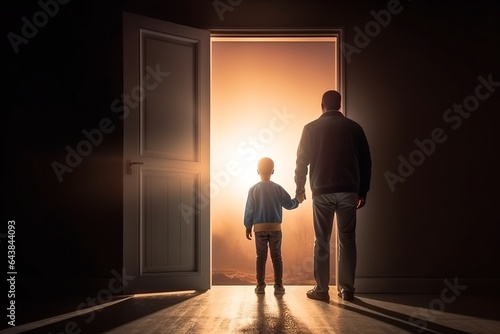 Father opens the door for his son, generative ai metaphorical image of dad showing world to his child.