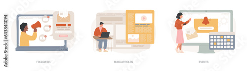 Corporate website links isolated concept vector illustration set. Follow us, blog articles, events, social media, subscribe for newsletter, publications, company page, notification vector concept.