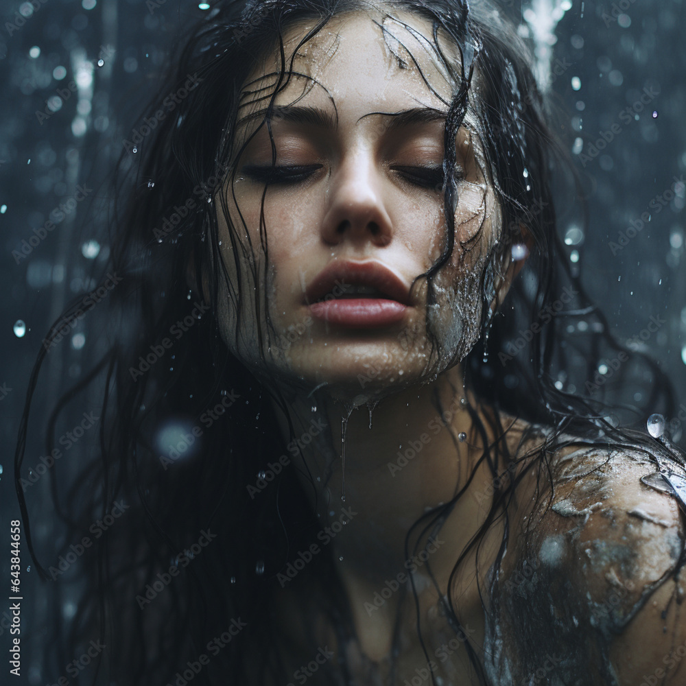 cover photography, body and face shot, beautiful young woman covered in water and liquid, old tattered clothes, hyper-realistic, model photography, detailed, Generative AI