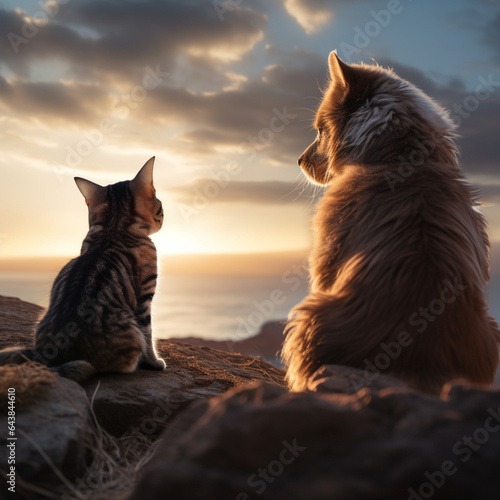 a dog and a cat, sitting next to each other, looking at the horizon, ultra detailed, soft lighting, dynamic focus, Generative AI