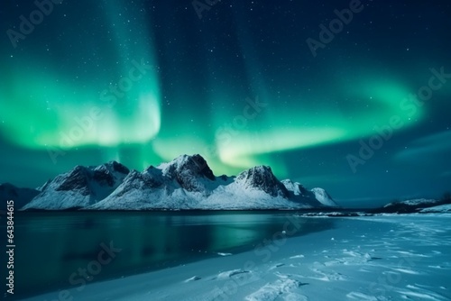 Northern lights over sea and snowy mountains, starry sky on Lofoten Islands, stunning Aurora Polaris landscape in Scandinavia. Generative AI