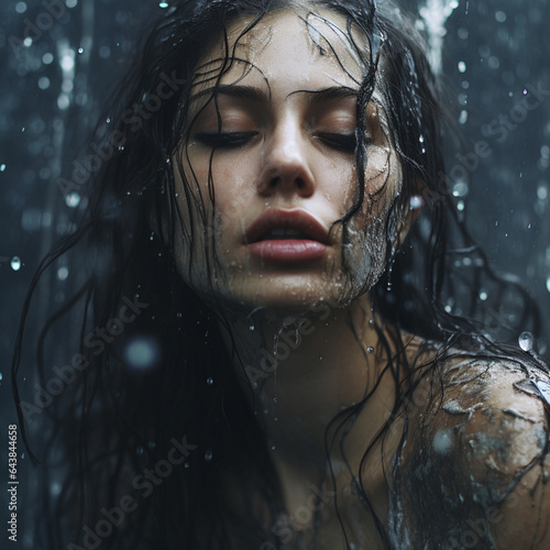 cover photography, body and face shot, beautiful young woman covered in water and liquid, old tattered clothes, hyper-realistic, model photography, detailed, Generative AI