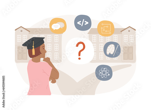 College choice isolated concept vector illustration. College choice advisor, rankings, career assessment test, graduation, important decision, higher education, choose institute vector concept.