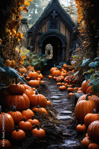 Halloween spooky background, scary jack o lantern pumpkins in creepy dark Happy Haloween ghosts horror mysterious night village street garden with old haunted house mystic backdrop.