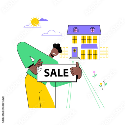Selling assets isolated cartoon vector illustrations. Frustrated man sells his house because of business bankruptcy, startup failure, financial problems, real estate sale vector cartoon.