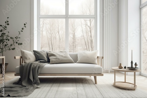 Minimalist Scandinavian living room with cozy sofa, stylish decor, and large windows. Generative AI