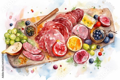 Watercolor illustration of charcuterie board against white background. Generative AI
