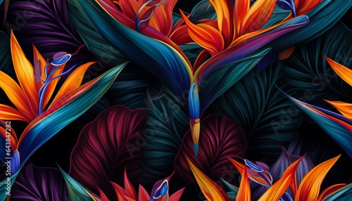 Exotic tropical flowers bird of paradise (strelitzia) red color blue palm leaves dark night jungle background © Nob