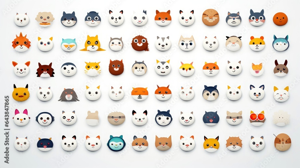 Set of animal faces, face emojis, stickers, emoticons,cartoon funny mascot characters face set - obrazy, fototapety, plakaty 