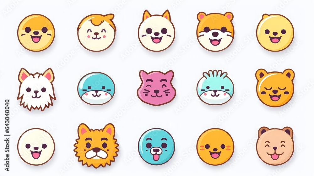 Set of animal faces, face emojis, stickers, emoticons,cartoon funny mascot characters face set Set of animal faces, face emojis, stickers, emoticons,cartoon funny mascot characters face set