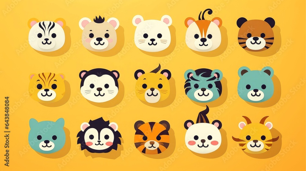 Set of animal faces, face emojis, stickers, emoticons,cartoon funny mascot characters face set Set of animal faces, face emojis, stickers, emoticons,cartoon funny mascot characters face set