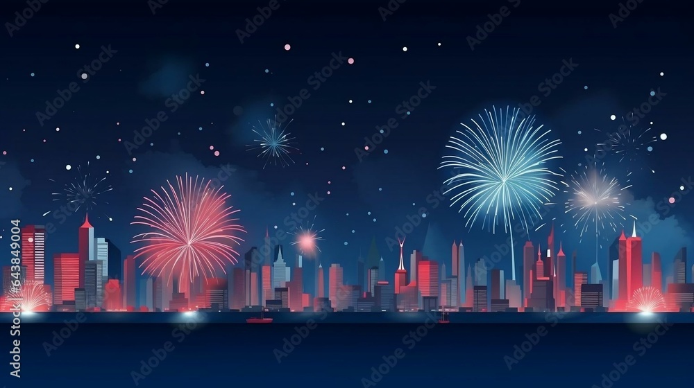 background City skyline with fireworks display at night
