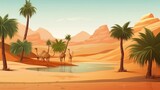 background Desert oasis with camels and a palm tree