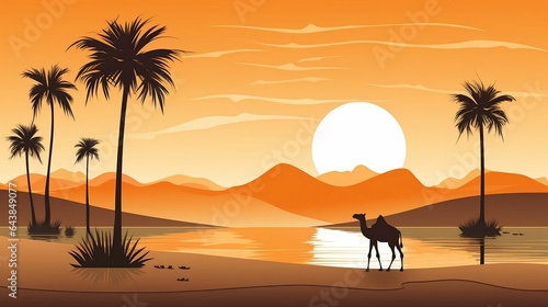 background Desert oasis with camels and a palm tree