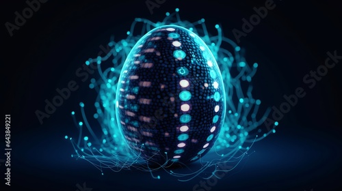 Easter egg, blue neural connection lines and glowing dots, binary, Generative ai