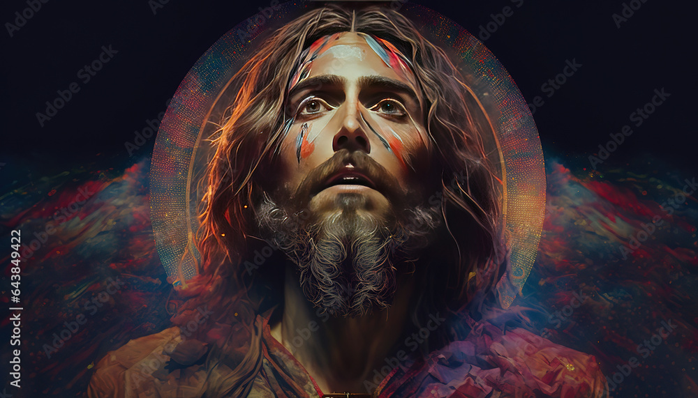 Jesus Christ Face, Hippie Style. Generated by artificial intelligence ...