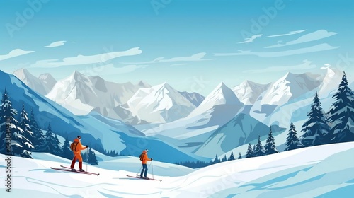 background Ski resort with snow-covered mountains and skiers 