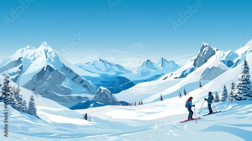 background Ski resort with snow-covered mountains and skiers.cool wallpaper 