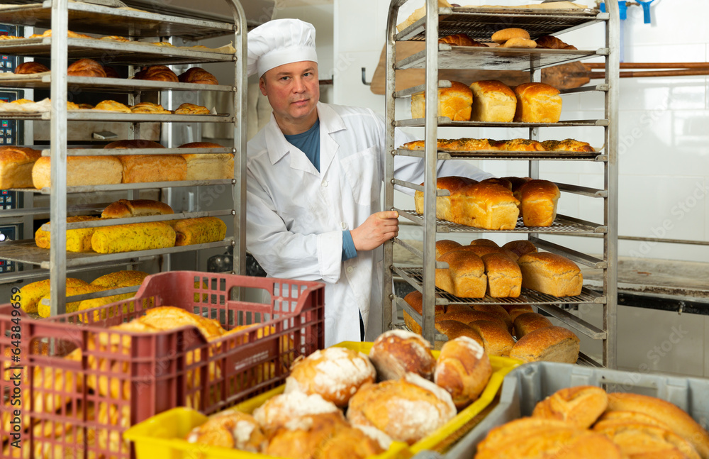 Worker of bakery putting baked baguettes on tray rack. High quality photo