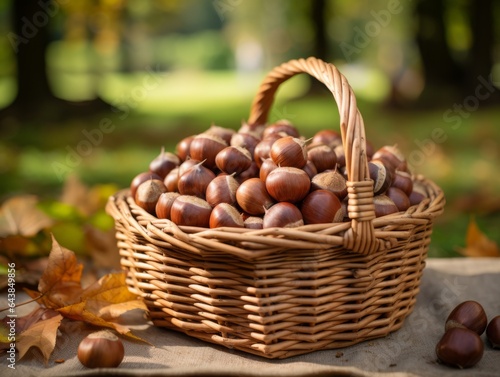 Organic Chestnut Nuts Photorealistic Horizontal Illustration. Nutritious Vegetarian Protein Snack. Ai Generated bright Illustration in Nature Background. Tasty Chestnut Nuts.