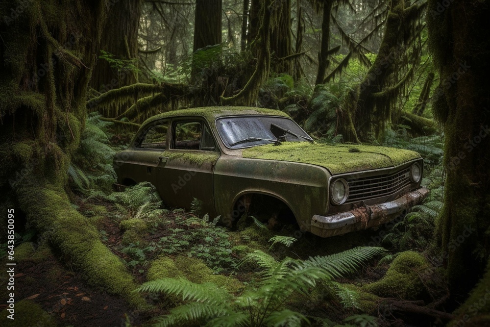An abandoned car covered in moss in the forest. Generative AI An abandoned car covered in moss in the forest. Generative AI