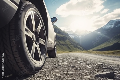 Car wheel on scenic route with mountain peak background. Road trip travel concept scene. Generative AI © Yana