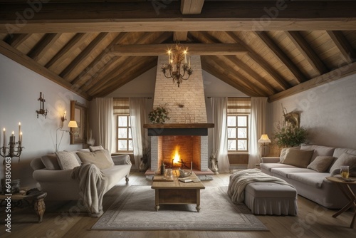 Cozy fireplace in classic rural living room with wooden ceiling. Generative AI © Rhiannon