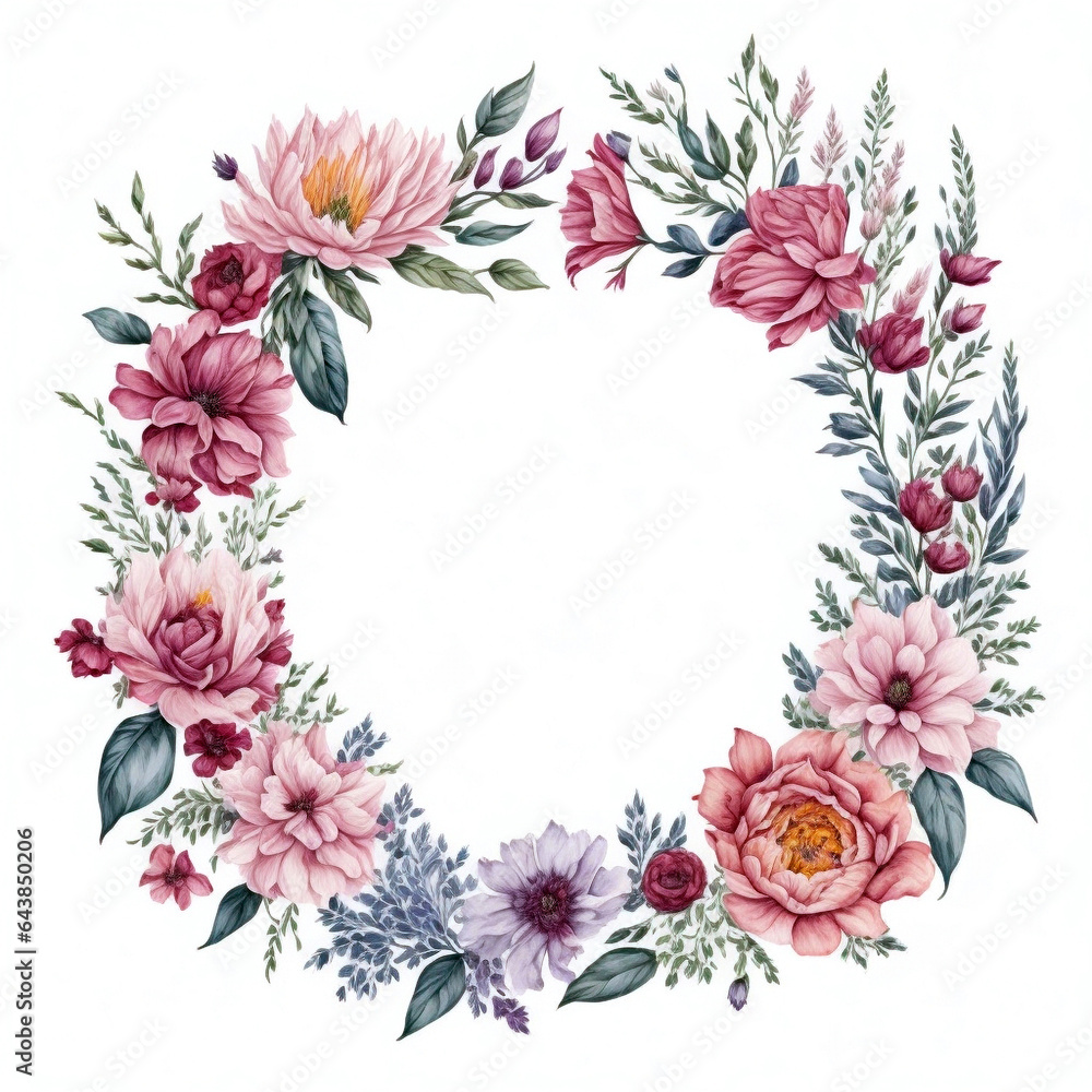 Frame painted with watercolor. Boho style floral design. Botanical design isolated on white, created with AI Generative technology