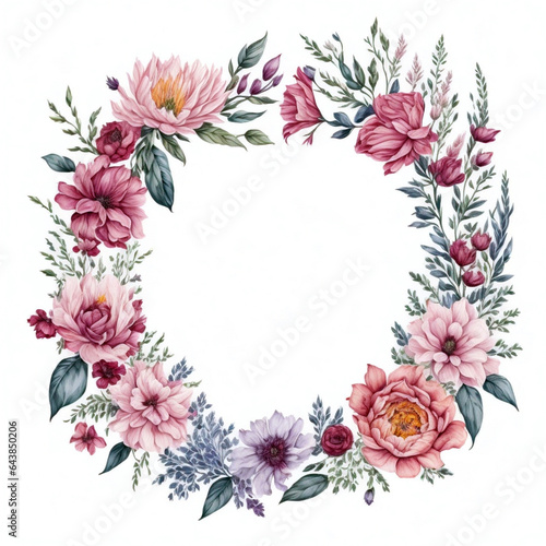 Frame painted with watercolor. Boho style floral design. Botanical design isolated on white, created with AI Generative technology