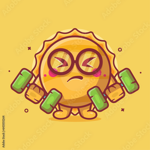 cute sun character mascot doing bodybuilding using dumbbell isolated cartoon in flat style design