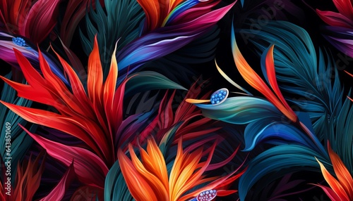 Exotic tropical flowers bird of paradise (strelitzia) red color blue palm leaves dark night jungle background