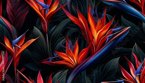 Exotic tropical flowers bird of paradise (strelitzia) red color blue palm leaves dark night jungle background