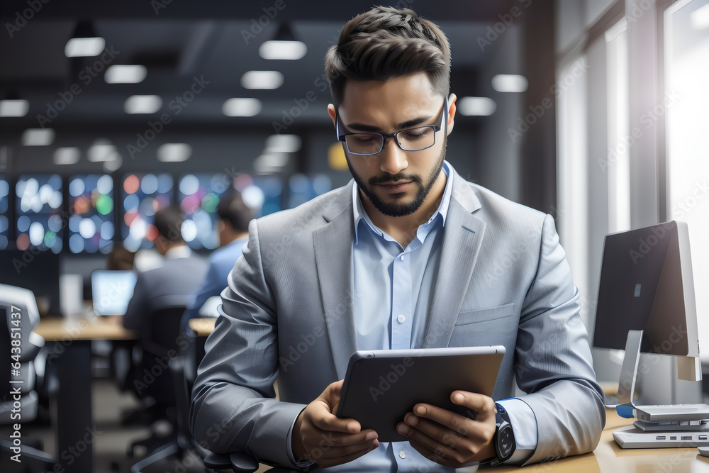 a business man working in the office holding a tablet with concentration a business man working in the office holding a tablet with concentration