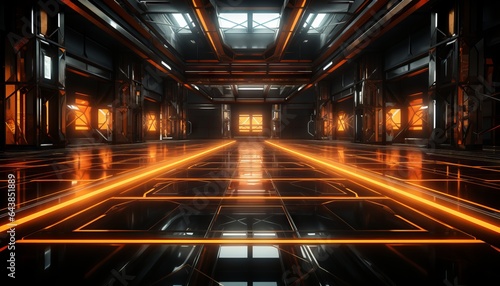 futuristic studio stage set in a dark. Showcase neon LED lasers casting an orange glow on the reflective, cyber theme