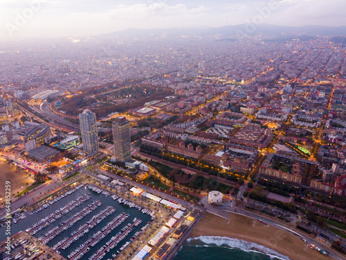 Aerial view from drones of coast in Barcelona and center with building