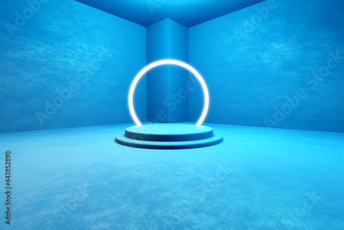 3D rendering of a blue product display stand in an empty room.